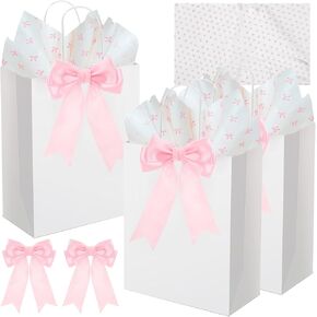 16 Coquette Pink Bow Paper Gift Bags with Handle White Bowknot Gift Bag Goodie Bags Candy Bag and Bow Tissue Paper for Wedding Bridal Baby Shower Birthday Party Supplies, 8.3 x 5.9 x 3.1 Inch