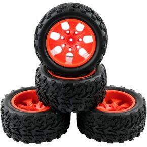 4pcs RC 1/10 Monster Truck Tires 12mm Hex RC Wheels and Tires for 1/10 Off Road RC Truck Traxxas Stampede Redcat Arrma OD 120mm Tyre Red Wheel Rim with Locking Nuts Washers and Wrench