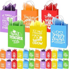 60 Pack Pack Teacher President Facs With Tissue Paper ، شكرًا لك أكياس هدايا معلم مع مقبضها لنهاية العام ، حفل التخرج التقاعد (Multicolor)
