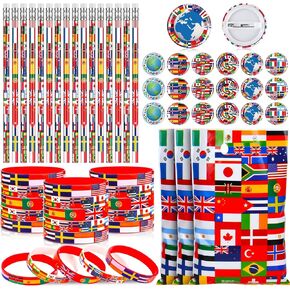 Supervitae 120 PCS International World Flags Party Party Excesssories تشمل أعلام جميع الدول البلاستيكية Goody Bags زر دبوس معصم مطاطية لرحلة السفر حول Globe Festival Decor