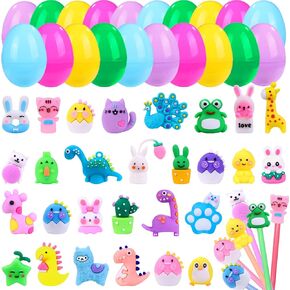 28Pack Prefilled Easter Eggs with Pencil Topper Erasers, Multicolor Cartoon Ballpoint Cap Cute Mini Toys for Easter Egg Hunt Party Favors Student Class Reward Silicone Boys Girls Kids