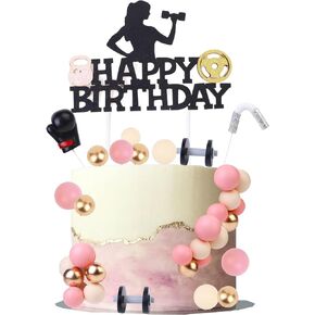 Cheereveal Physical Exercise Happy Birthday Cake Decorations - Gold Pink Exercise Theme Cake Cupcake Toppers, Party Photo Props for Women, Girls
