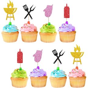 24pcs Barbecue Cupcake Toppers, BBQ Cupcake Toppers for Summer Picnic Party, Black Glitter Baby Q Cake Decorations for Baby Shower/Birthday Party Supplies