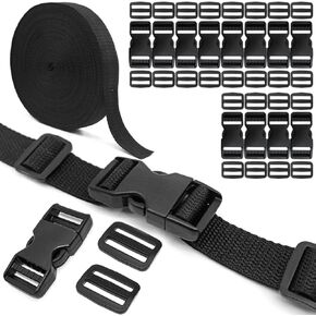 12PCS Adjustable Side Release Buckles + 24 Tri-Glide Slides with 22Yards 1" Polypropylene Webbing Straps | Heavy-Duty No Sew Fasteners for Backpacks, Camping Equipment