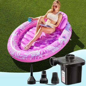 SLOOSH Inflatable Tanning Pool & Electric Air Pump Set –70" x 50" Sun Lounger with Pillow, 2 Cup Holders, Grab Rope & Fast-Fill Pump for Pool, Beach,Pink