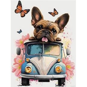 PUAGEMTI Funny French Bulldog Dog Truck Diamond Art Painting Kits for Adult, Animal 5D Diamond Art for Adults, Round Drill Painting by Diamonds Art and Crafts for Home Wall Decor Gift 12x16 Inch