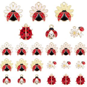Ph Pandahall 24pcs سحر الخنفساء 6 نمط مينا الخنفساء زهرة المعلقات الحمراء سيدة خنفساء المعلقات سحر راينستون راينستون ل DIY قلادة قرط المجوهر