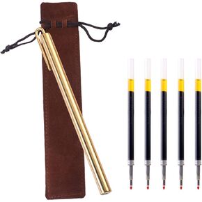 mollensiuer 1 Piece Brass Ballpoint Pocket Pen with Clip Signature Pen with 5 Pieces Replacement Refills and 1 Piece Pen Bag for Home School Office Stationery Gift