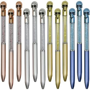Maydahui 24 PCS Halloween Pen Skull Heads Shape Ballpoint Pens Retractable Bling Rhinestones Pen Colorful Crystal Quicksand Pens Black Ink for School Party Home