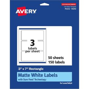 Avery Matte White Rectangle Labels with Sure Feed, 3" x 7", 75 Matte White Printable Labels
