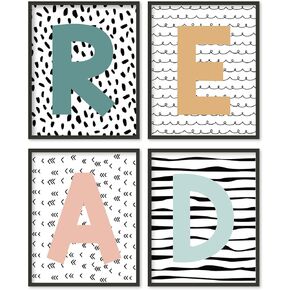 JarThenaAMCS Boho Classroom Decor Set of 4, Reading Nook Decor, Read Signs Groovy Bulletin Board Unframed Preppy Trendy Wall Art Decor for School Nursery Study Corner Kids Room Daycare Library