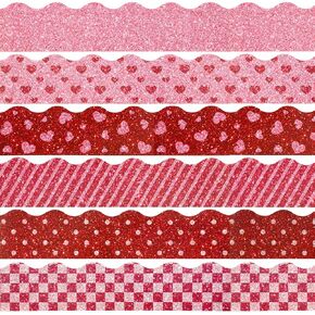 AUGSUN 70 Feet 60 Pcs Paper Valentine's Day Bulletin Board Decorations in 6 Designs, Red Pink Heart Stripe Dot Valentines Day Bulletin Board for School Classroom Office Party and Romantic Celebrations