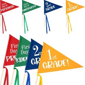 4 Sets First Day of School Pennant Flags First Day of Preschool Kindergarten Sign Back to School Pennant with Ribbons and Sticks for 1st 2nd Grade School Classroom Decorations Photo Prop