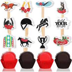 172 PCS Horse Derby Cupcake Decorations with 72 PCS Horse Racing Cake Topper و 100 PCS Cupcake Liners Derby Day Horse Racing Cake Cake Topper for Horse Meep