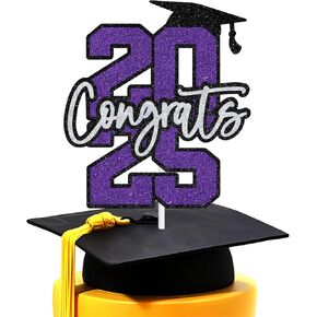 Congrats Cake Topper, Congrats Grad, So Proud of You, Class of 2025 High School College Senior Master Graduation Party Decoration Supplies, Black and Purple Glitter