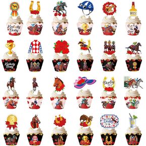 24 PCS Horse Racing Cupcake Toppers Derby Party Decortings تشمل أغلفة Cupcake للاختيار من أجل تشغيل عيد ميلاد الخيول لروود Derby Day Party Supplies
