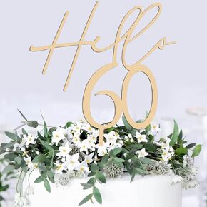 Hello 60 Cake Topper - Wooden 60th Birthday Cake Decorations, Happy 60th Birthday Cake Topper for women or men - 60 Wedding Anniversary Party Cake Decor, Photo Booth Props