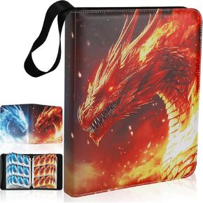 يحمل ألبوم Card Card Card Trading Card Trading Fire & Ice Dragon 900 بطاقة مع 50 من الأكمام ذات الوجهين القابل للإزالة ، وجبال سحاب PU الجلود المقاوم للماء لـ TCG ، MTG ، بطاقات رياضية