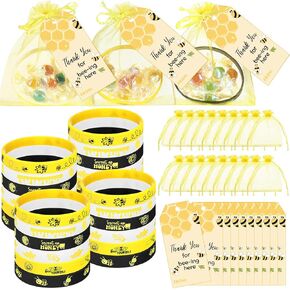 LILIFL 72 PCS BEE Party Party Set Decorations Bee Classroom Decorities ، والعودة إلى School Bee Honeycomb Silicone Wristbands مع علامات تسمية الهدايا وأكياس الأورجانزا للأطفال اللوازم حفلات عيد ميلاد الأطفال