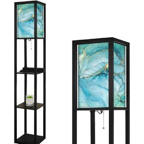 Cyan Blue Liquid Watercolor Golden Stains Teal Turquoise Marble Floor Lamp with Shelves USB Ports & Power Outlet Modern Standing Tall Corner Nightstand Light for Living Room Bedroom, 63x10.25x10.25''