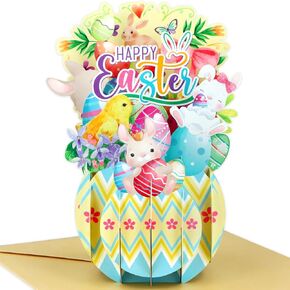 FaCraft Easter Pop Up Cards - Pop Up Easter Greeting Cards for Kids Adults with Envelope, Spring Gift for Daughter Son Friend Family Kids Granddaughter (Eggs Rabbits Flowers)