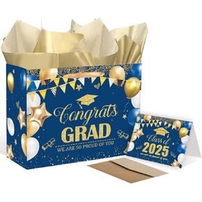 ONANNA 2025 Graduation Gift Bag with Tissue Paper and Card with Envolope Blue and Gold Grad Gift Wrapping Bag for Him and Her, Class of 2025 Graduation Party Decorations Supplies