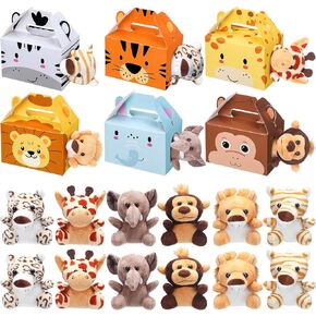 Fainne 12 PCS Jungle Moreed Favors Boxes مع 12 PCS Mini Plush Set Jungle Treat Boxes صناديق هدايا قابلة للطي الغابة الملمس حيوان لمستلزمات حفلة عيد الميلاد الزخرفة