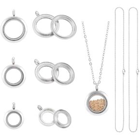 UniCraftale حوالي 3pcs من الفولاذ المقاوم للصدأ من الفولاذ المقاوم للصدأ العائمة المعلقات الكريستال مزدوج الوجه الوجه الذاكرة سحر الحاوية الزجاجية سحر مستدير مسطح مع قلادة 450 مم لصنع المجوهرات DIY