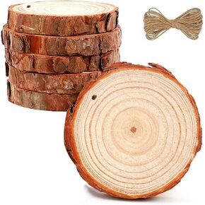 Natural Wood Slices 6 Pcs, 2.4-2.8 Inch Unfinished Round Wood Slices with Predrilled Hole and Twine String, Arts Wood Slices for Painting Centerpieces Christmas Ornaments DIY Crafts