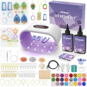 Akisey uv uv resin make kit ، مجموعة راتنجات الأشعة فوق البنفسجية واضحة للبلورات مع ضوء وقوالب على الوجهين ، مصباح UV 36W لعلاج الراتنج ، طقم بداية لصنع المجوهر