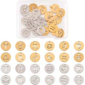 cheriswelry 24pcs اثنا عشر 12 كوكبة 304 معلقات الفولاذ المقاوم للصدأ 2 مسطحة مسطحة جولة zodiac علامة سحر المعادن المعادن 18x16mm ل Craft DIY قرط القلادة المجوهرات