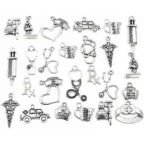 ALIMITOPIA Medical Hospital RN Doctor Stethoscope Syringe Nurse Hat Health Care RX Charm Pendant DIY Necklace Bracelet Jewelry Making(25pcs,Silver Tone)