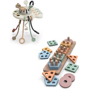 ألعاب GoPo Toys Montessori لمدة 18 شهرًا - الأطفال الصغار الفرز والتكديس وألعاب Silicone سحب سلسلة الأطفال للأطفال الصغار