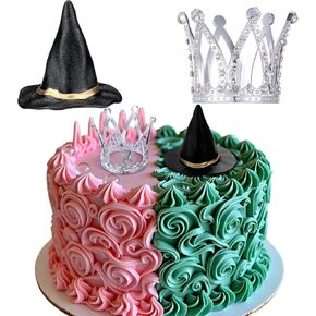 2 Pack Witch Hat and Crown Cake Topper Birthday Party Favors, Mini Witch Hats Crown Tiara Cupcake Decorations Wizard Hats Silver Cupcake Toppers Decor for Princess Birthday Party Supplies