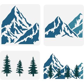 FINGERINSPIRE Mountain & Tree Stencil - 3 Styles, 2 Sizes, Reusable for Wall, Tiles, Fabric, Furniture & Cabinets
