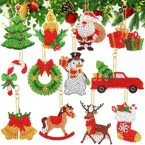 Adecortalk 12 Pcs Christmas Diamond Art Ornaments Kits 5D DIY Diamond Art Painting Craft Kits with Keychains Christmas Hanging Ornaments for Kids Craft Xmas Supplies