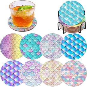 MaitianGuyou 8 PCS Mermaid Art Coasters Kit With Holder, Flower DIY Diamond Painting Coasters for Beginners, Adults Gift, Art Crafts Supplies