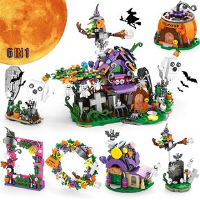 6IN1 Halloween Haunted House Building Kit Compatible with Lego, 6 Halloween Party Favors Nightmare Before Christmas Stacking Block - Candy House-Ghost Vampire-Pumpkin-Frame-Witch-Wreath Toy(601PCS)