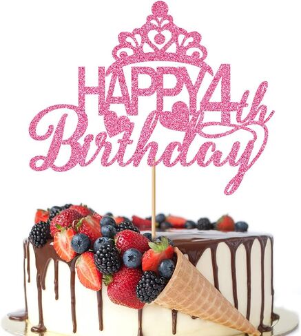 Happy 4th Birthday Cake Topper - Princess Crown, Party Supplies (Pink Glitter) in Kuwait