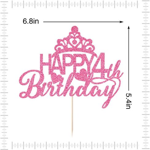 Happy 4th Birthday Cake Topper - Princess Crown, Party Supplies (Pink Glitter) in Kuwait