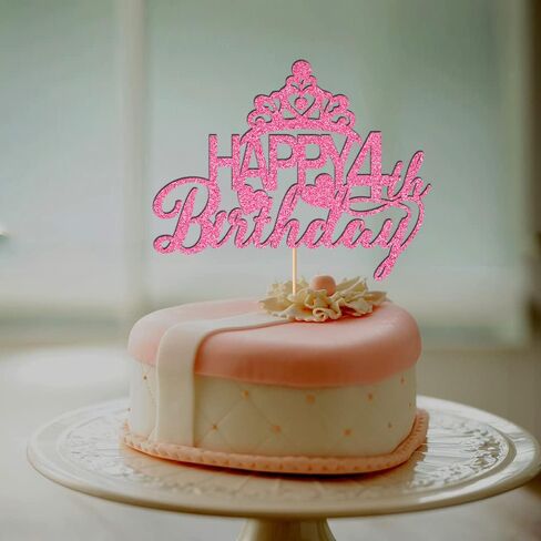 Happy 4th Birthday Cake Topper - Princess Crown, Party Supplies (Pink Glitter) in Kuwait