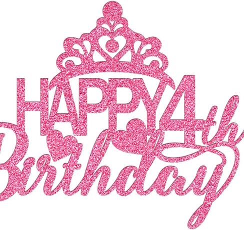 Happy 4th Birthday Cake Topper - Princess Crown, Party Supplies (Pink Glitter) in Kuwait