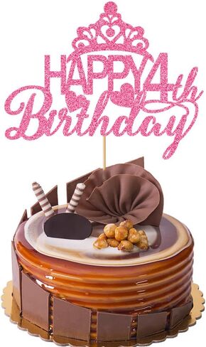 Happy 4th Birthday Cake Topper - Princess Crown, Party Supplies (Pink Glitter) in Kuwait