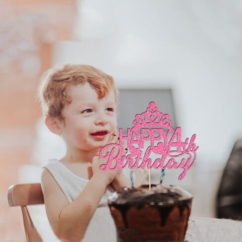 Happy 4th Birthday Cake Topper - Princess Crown, Party Supplies (Pink Glitter) in Kuwait