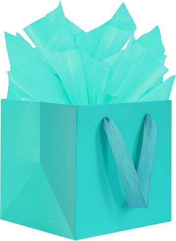 KEYYOOMY Teal Blue Square Gift Bags with Tissue Paper - Medium Size with Handles for Party Favors & Birthdays (10 CT, 8x8x8 in) in Saudi Arabia