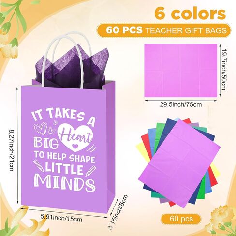 60 Pack Teacher Appreciation Gift Bags with Tissue Paper Thank You Teacher Gift Bags with Handle for End of Year Appreciation Day Retirement Graduation Party Favors(Multicolor) in Saudi Arabia