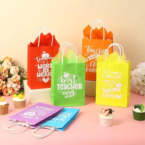60 Pack Teacher Appreciation Gift Bags with Tissue Paper Thank You Teacher Gift Bags with Handle for End of Year Appreciation Day Retirement Graduation Party Favors(Multicolor) in Saudi Arabia