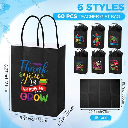 60 Pack Teacher Appreciation Gift Bags with Tissue Paper Thank You Teacher Gift Bags with Handle for End of Year Appreciation Day Retirement Graduation Party Favors(Multicolor) in Saudi Arabia