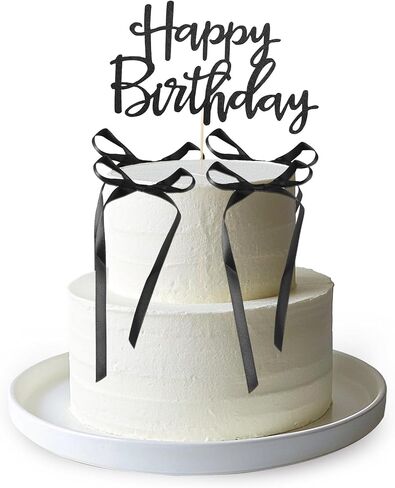 6pcs Bow Cake Toppers with 1pcs Happy Birthday Cake Insert, Bow Ribbon Coquette Birthday Decorations for Cupcake Perfect Wedding Themed Parties Bowknot Decor(Black) in Saudi Arabia