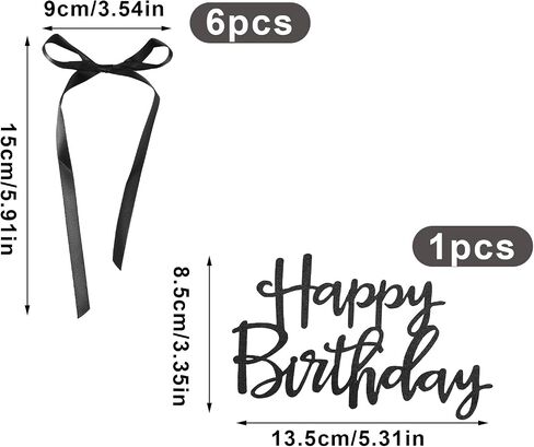 6pcs Bow Cake Toppers with 1pcs Happy Birthday Cake Insert, Bow Ribbon Coquette Birthday Decorations for Cupcake Perfect Wedding Themed Parties Bowknot Decor(Black) in Saudi Arabia